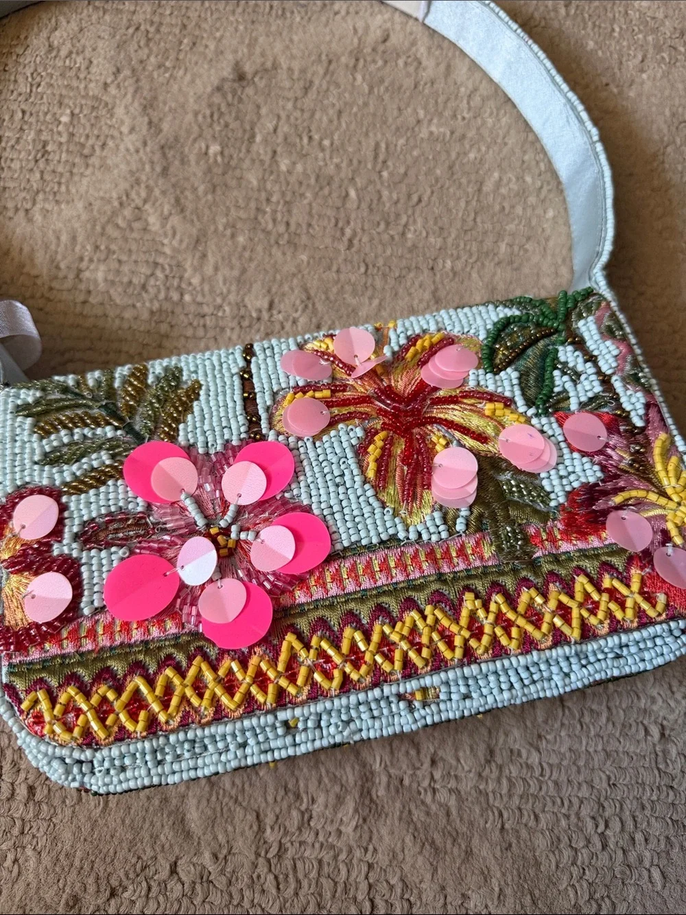 Beaded Floral Shoulder Bag in Light Blue with Pink Accents - Hawaiian style - Picture 2 of 9